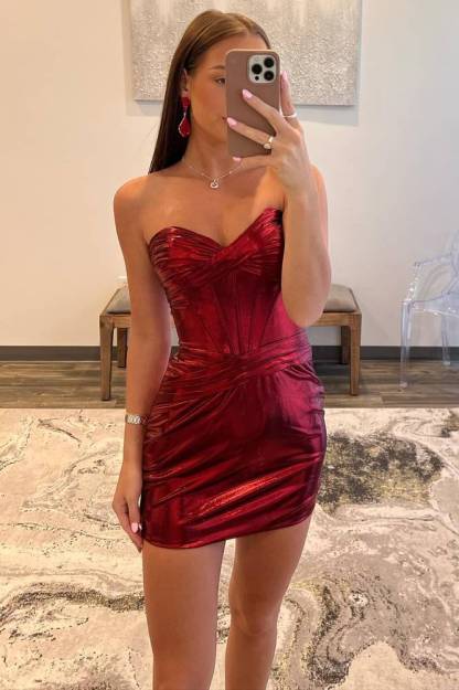 Sweetheart Metallic Blue Pleated Mini Dress