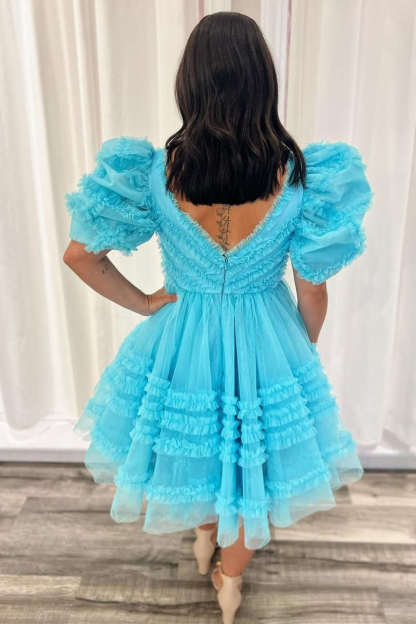 Light Blue Corset Balloon Sleeves Ruffle Short Homecoming Dress