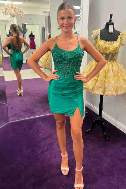 Lace-Up Green Beaded Bodycon Homecoming Dress