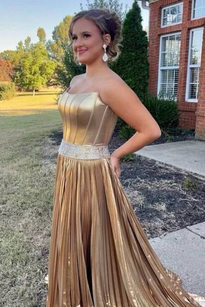 Metallic Gold Strapless Beaded Prom Dress with Slit