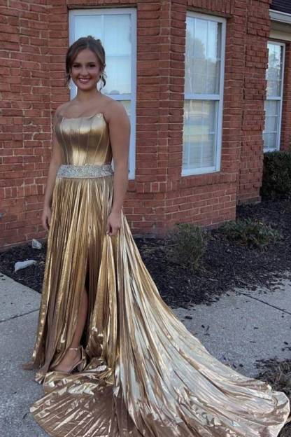 Metallic Gold Strapless Beaded Prom Dress with Slit