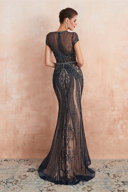 Glamorous Jewel Neck Short Sleeve Mermaid Prom Dress with Beadings
