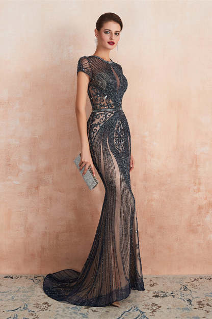 Glamorous Jewel Neck Short Sleeve Mermaid Prom Dress with Beadings