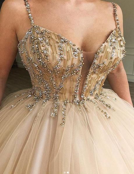 Glamorous Long Ball Gown Spaghetti Straps Beaded Tulle Prom Dresses-Yesbabyonline