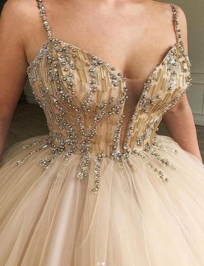 Glamorous Long Ball Gown Spaghetti Straps Beaded Tulle Prom Dresses-Yesbabyonline