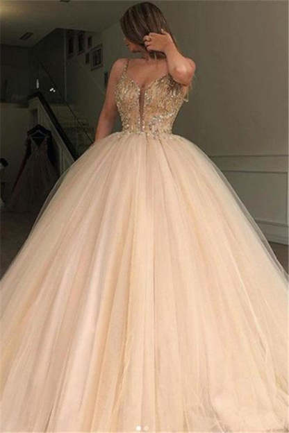 Glamorous Long Ball Gown Spaghetti Straps Beaded Tulle Prom Dresses-Yesbabyonline