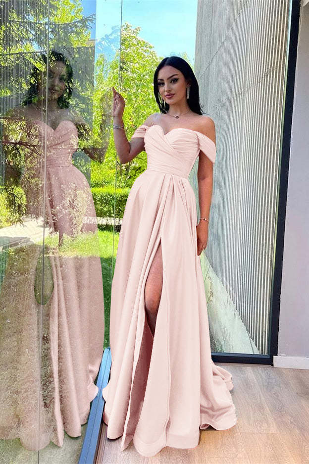 Glorious Dusty Pink Off-The-Shoulder Evening Front Split Prom Dress with Sweetheart Neckline