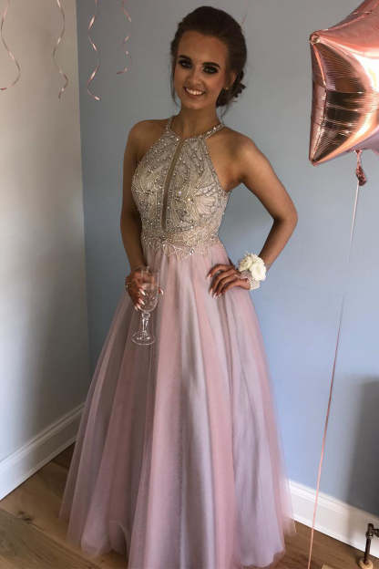 Gorgeous A Line Jewel Pink Beaded Long Prom Dress