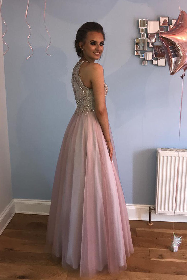 Gorgeous A Line Jewel Pink Beaded Long Prom Dress