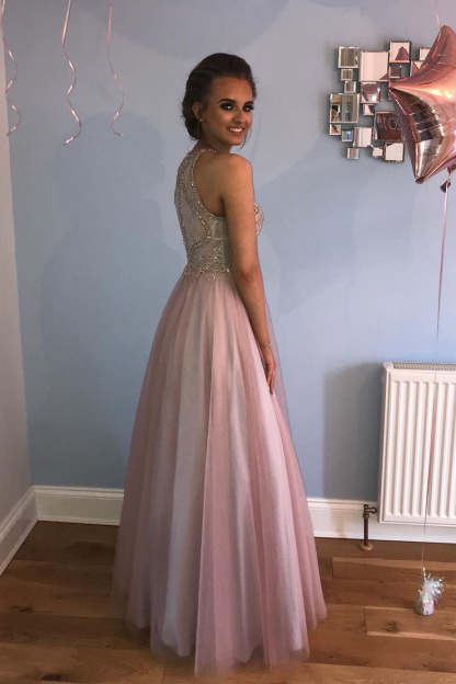 Gorgeous A Line Jewel Pink Beaded Long Prom Dress