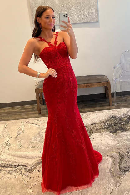 Gorgeous Hot Pink Lace Appliques Long Formal Dress