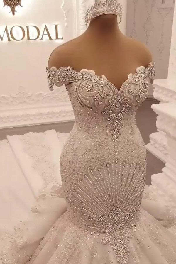 Gorgeous Long Off the Shoulder Crystal Backless Mermaid Wedding Dresses