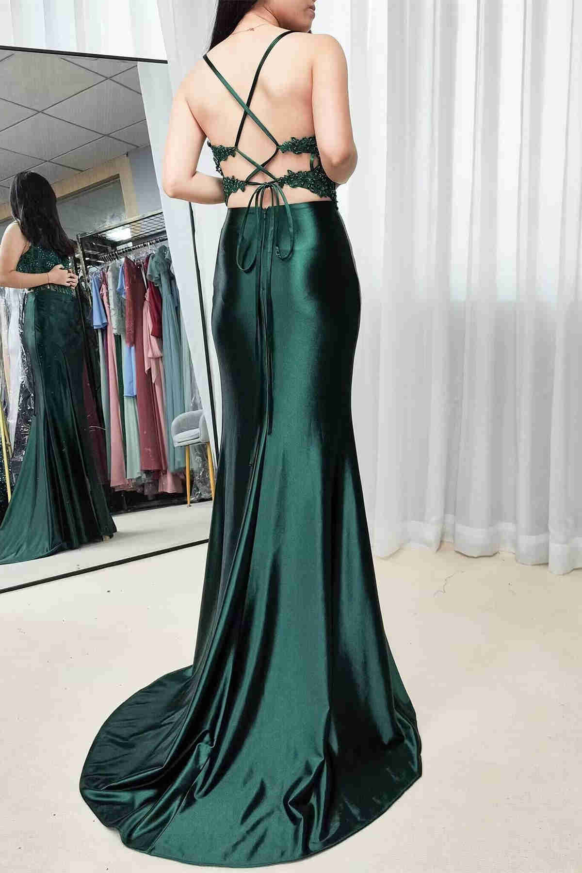 Mermaid Emerald Green Straps Ruched Prom Dress with Slit