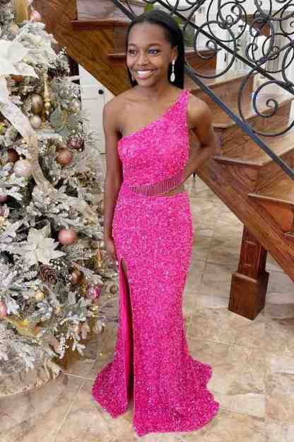 Green Two Piece Sequined One Shoulder Long Party Dress with Tassel