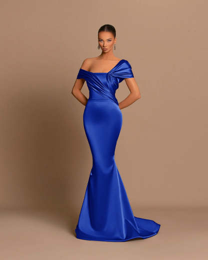 Grey Off-The-Shoulder Evening Dress Bateau Pleated Ball Gown