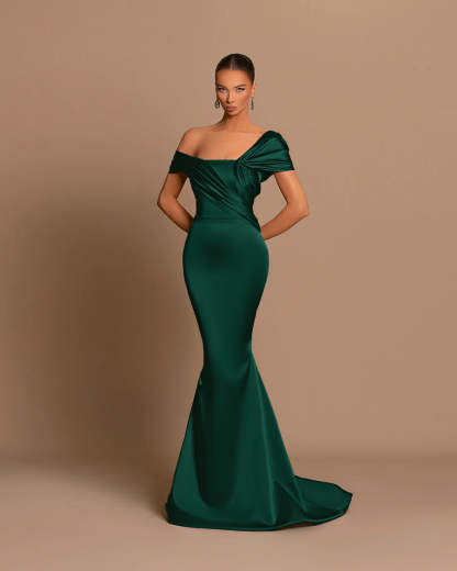 Grey Off-The-Shoulder Evening Dress Bateau Pleated Ball Gown