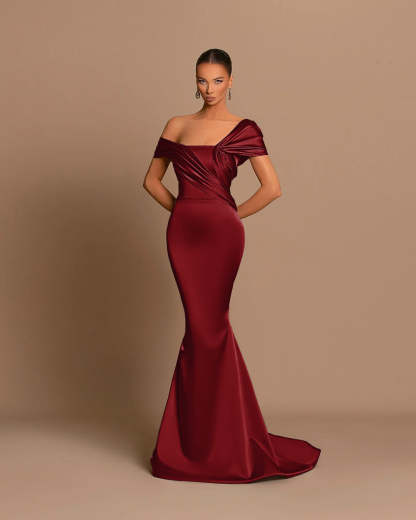 Grey Off-The-Shoulder Evening Dress Bateau Pleated Ball Gown