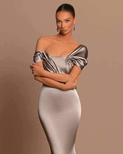 Grey Off-The-Shoulder Evening Dress Bateau Pleated Ball Gown