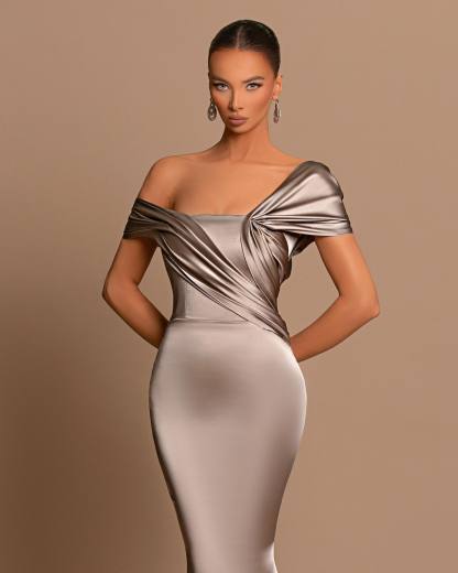 Grey Off-The-Shoulder Evening Dress Bateau Pleated Ball Gown