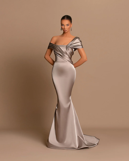 Grey Off-The-Shoulder Evening Dress Bateau Pleated Ball Gown