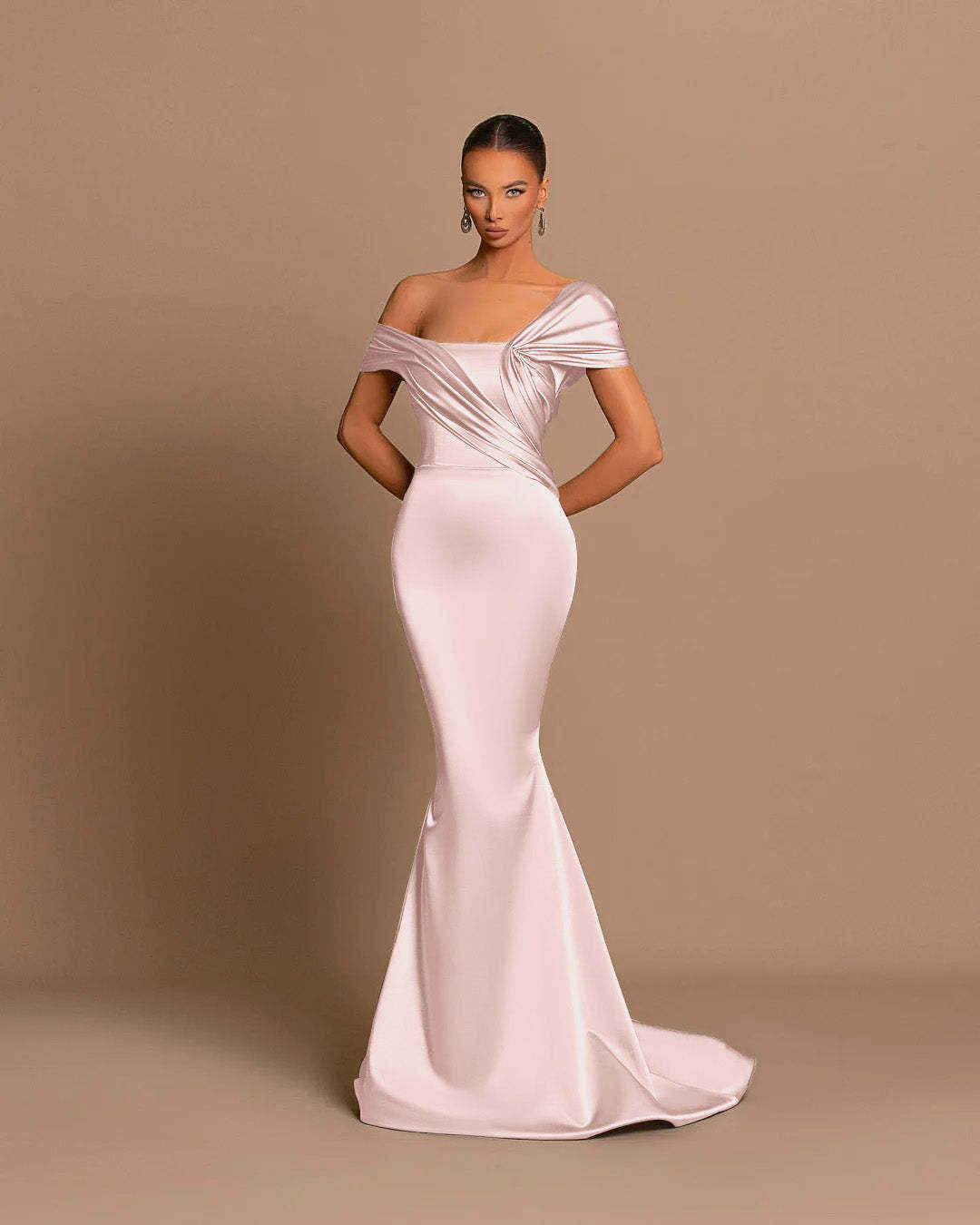 Grey Off-The-Shoulder Evening Dress Bateau Pleated Ball Gown