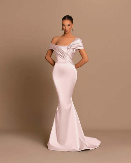 Grey Off-The-Shoulder Evening Dress Bateau Pleated Ball Gown