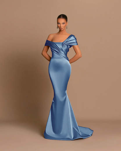 Grey Off-The-Shoulder Evening Dress Bateau Pleated Ball Gown
