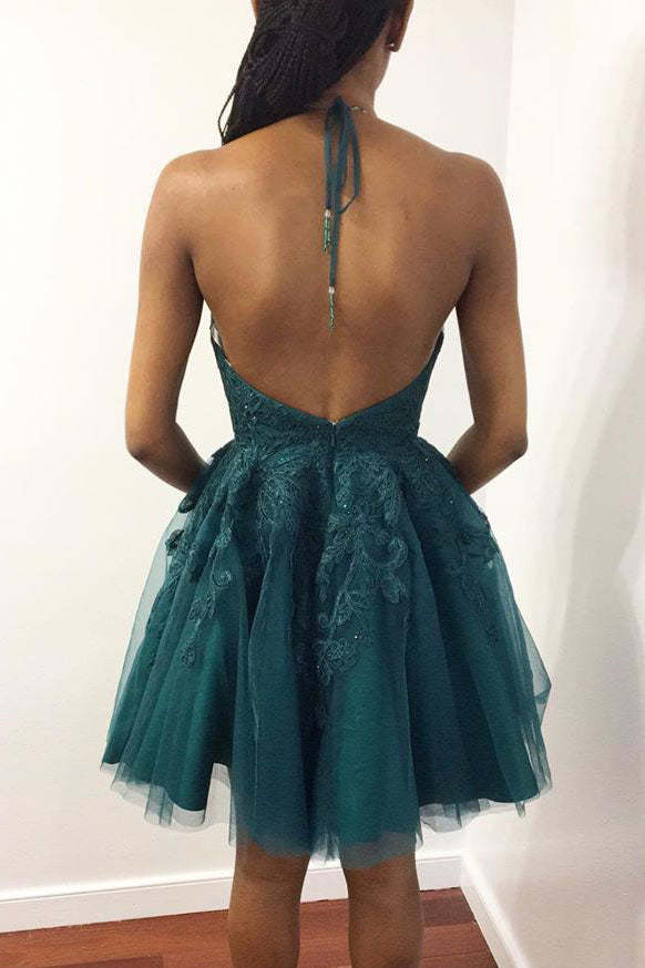 Halter Dark Green Lace Appliques Short Homecoming Dress