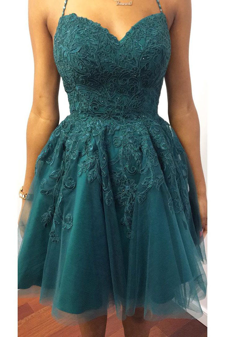 Halter Dark Green  Lace Appliques Short Homecoming Dress