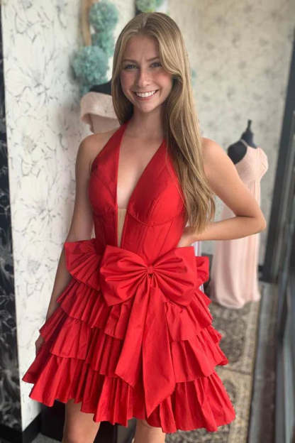 Halter Green Ruffle Homecoming Dress Plunging Neck with Bow