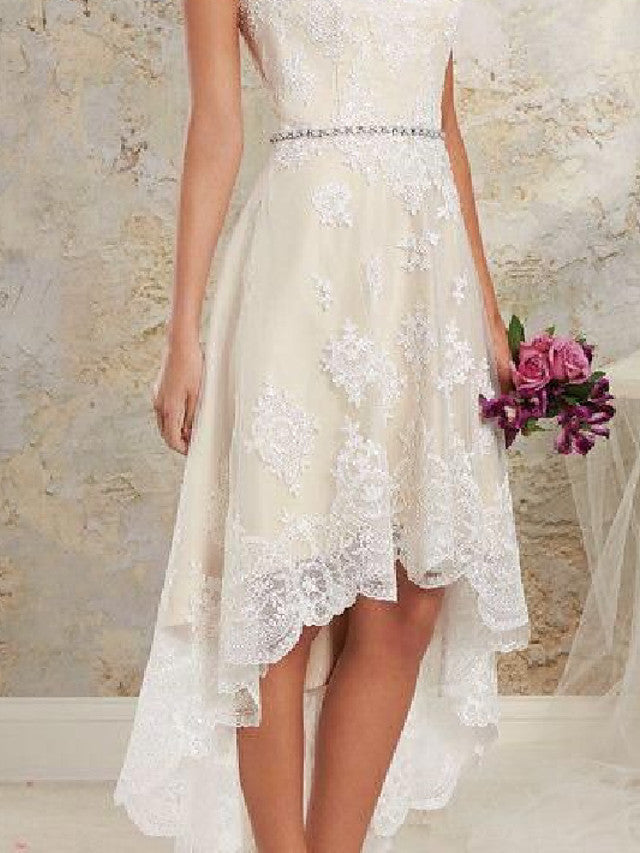 High Low A-Line Asymmetrical Lace Tulle Sleeveless Wedding Dresses-Yesbabyonline