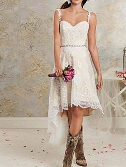 High Low A-Line Asymmetrical Lace Tulle Sleeveless Wedding Dresses-Yesbabyonline