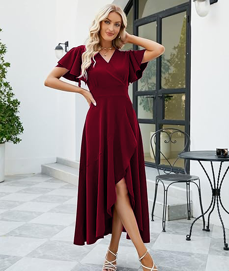 High Low A-line V-neck Chiffon Burgundy Wedding Guest Dresses