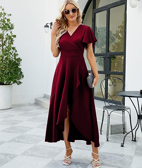 High Low A-line V-neck Chiffon Burgundy Wedding Guest Dresses