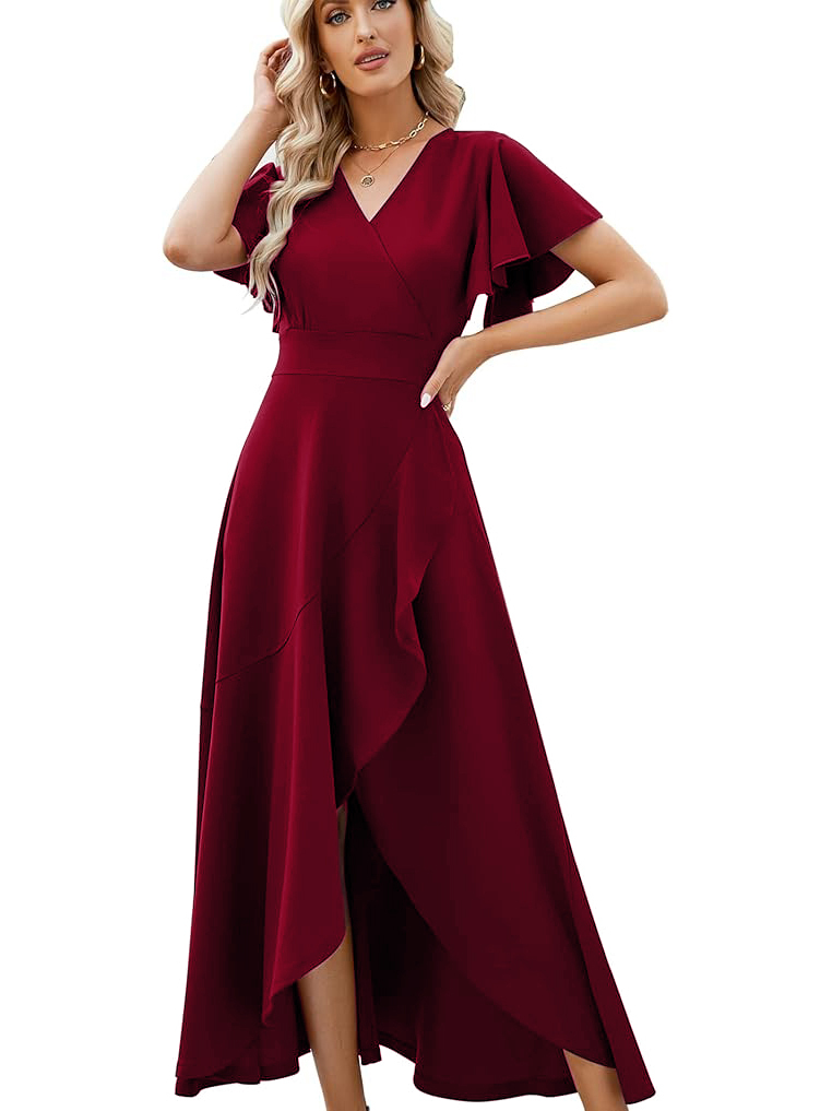 High Low A-line V-neck Chiffon Burgundy Wedding Guest Dresses