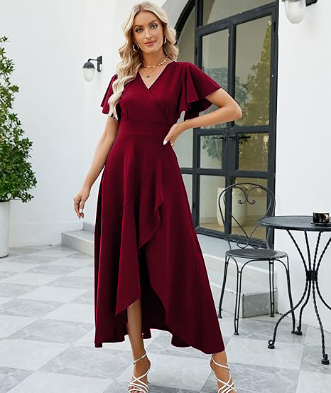 High Low A-line V-neck Chiffon Burgundy Wedding Guest Dresses