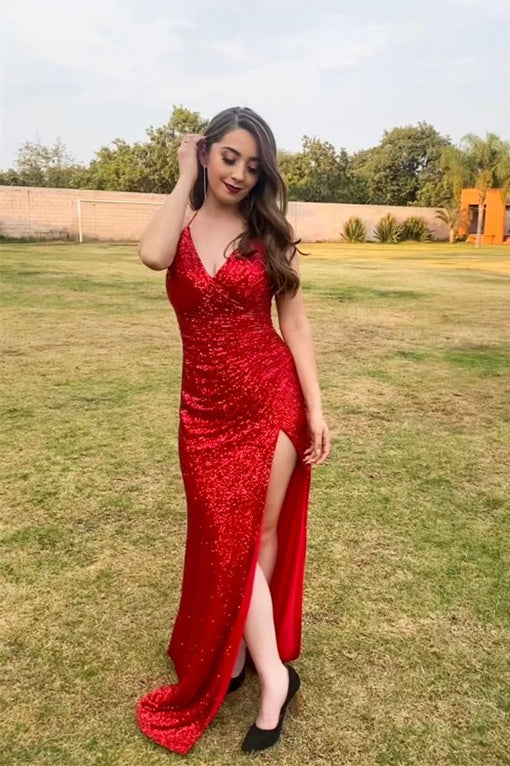 High Slit Blue Sequins Straps Mermaid Prom Dress