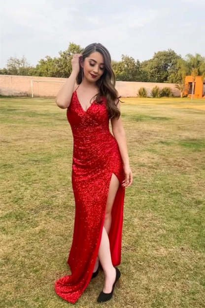 High Slit Blue Sequins Straps Mermaid Prom Dress
