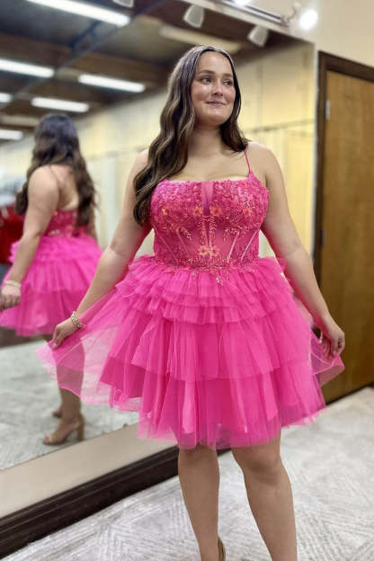 Hot Pink A Line Spaghetti Straps Corset Short Homecoming Dress