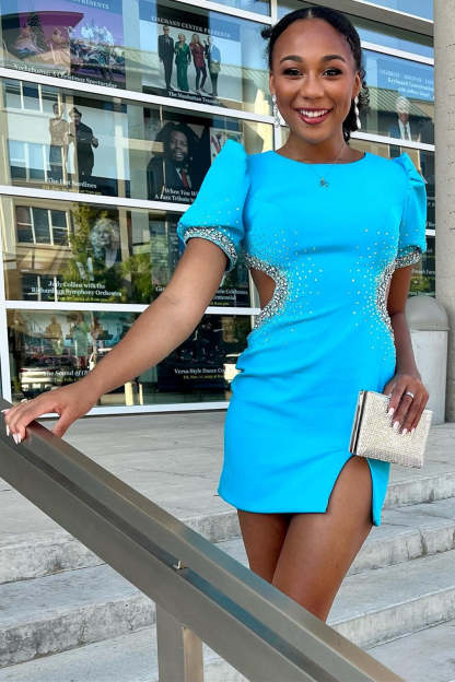 Hot Pink Cutout Beaded Short Homecoming Dress with Puff Sleeves