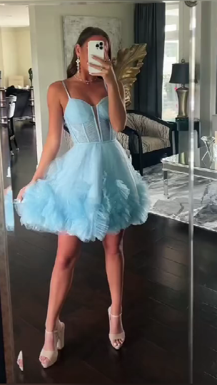 Hot Pink Plunging V Neck Straps A-line Ruffles Homecoming Dress