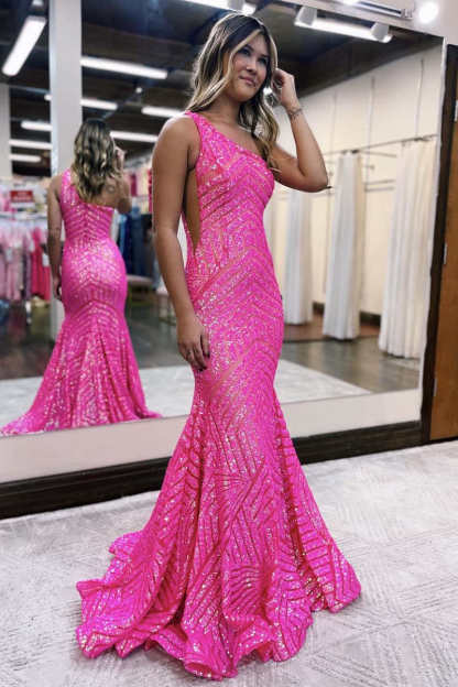 Mermaid One Shoulder Red Long Prom Dress