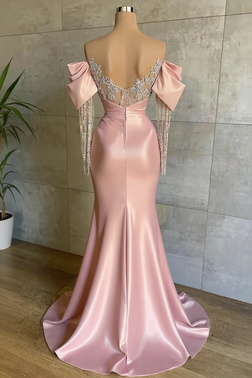 Pink Off-The-Shoulder Long Sleeves Mermaid Formal Dress with Lace Applique