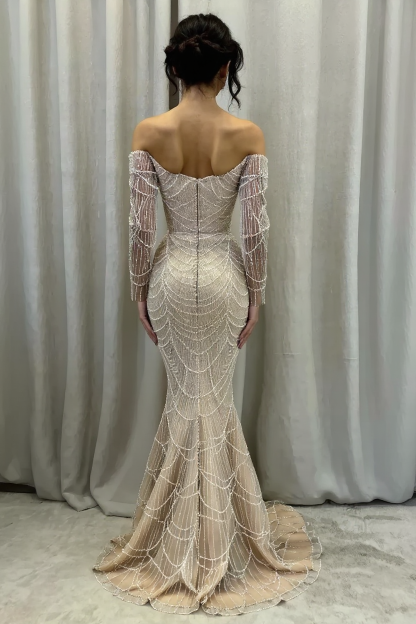 Long Off-The-Shoulder Tulle Beaded Mermaid Sequined Prom Dresses with Sleeves