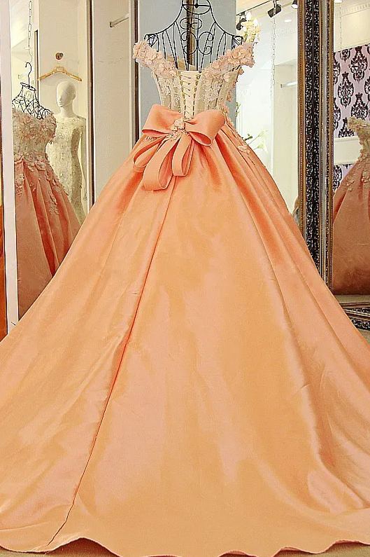 Ball Gown Bow Off The Shoulder Flower Beads Lace Up Back Prom Dress 