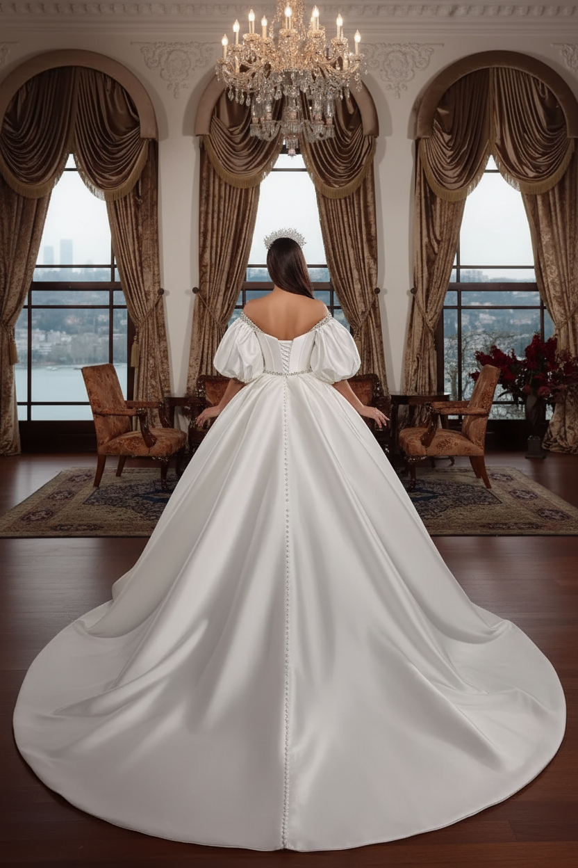Long Ball Gown Off the Shoulder Satin Beading Wedding Dresses with Sleeves