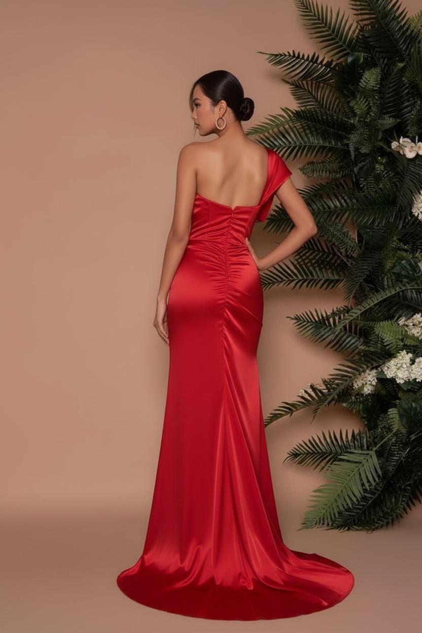 Elegant Long Red One Shoulder Mermaid Front-Split Satin Prom Dresses with Ruffles - YESBABYONLINE
