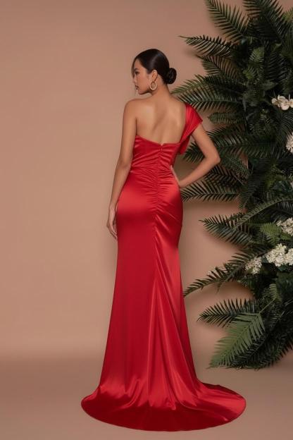 Elegant Long Red One Shoulder Mermaid Front-Split Satin Prom Dresses with Ruffles - YESBABYONLINE