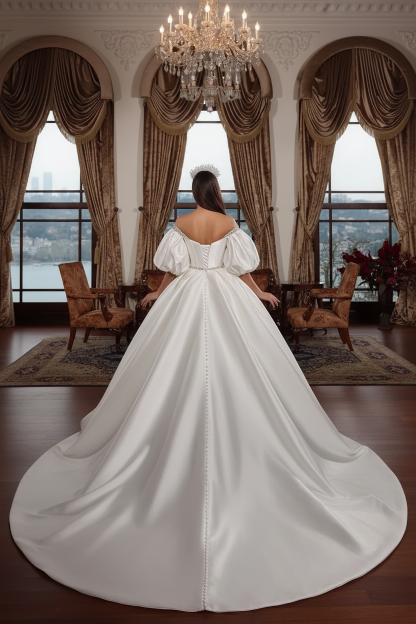 Long Ball Gown Off the Shoulder Satin Beading Wedding Dresses with Sleeves