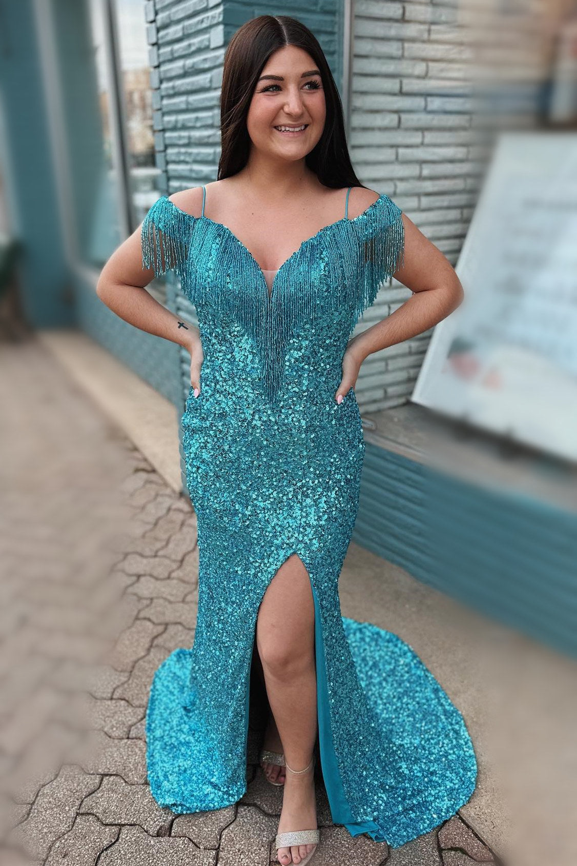 Ink Blue Sequins Tassels Cold Shouolder Long Prom Dress with Slit
